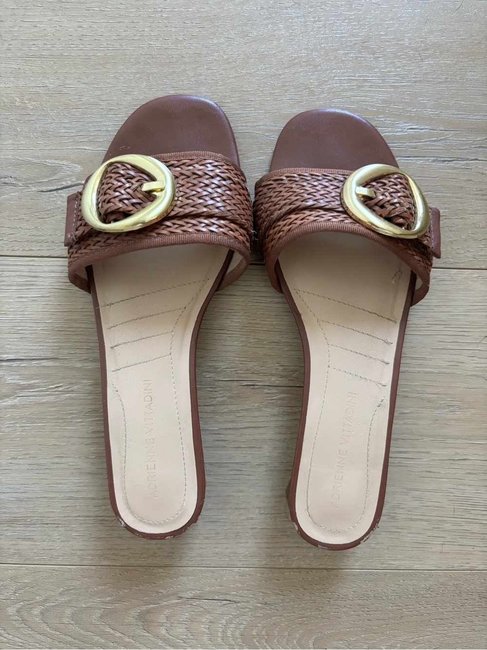 Adrienne Vittadini Cognac Brown Woven Slide Sandals with Gold Buckle